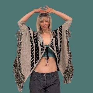 Gray Fringe Open-Front Poncho Sweater - Women's
